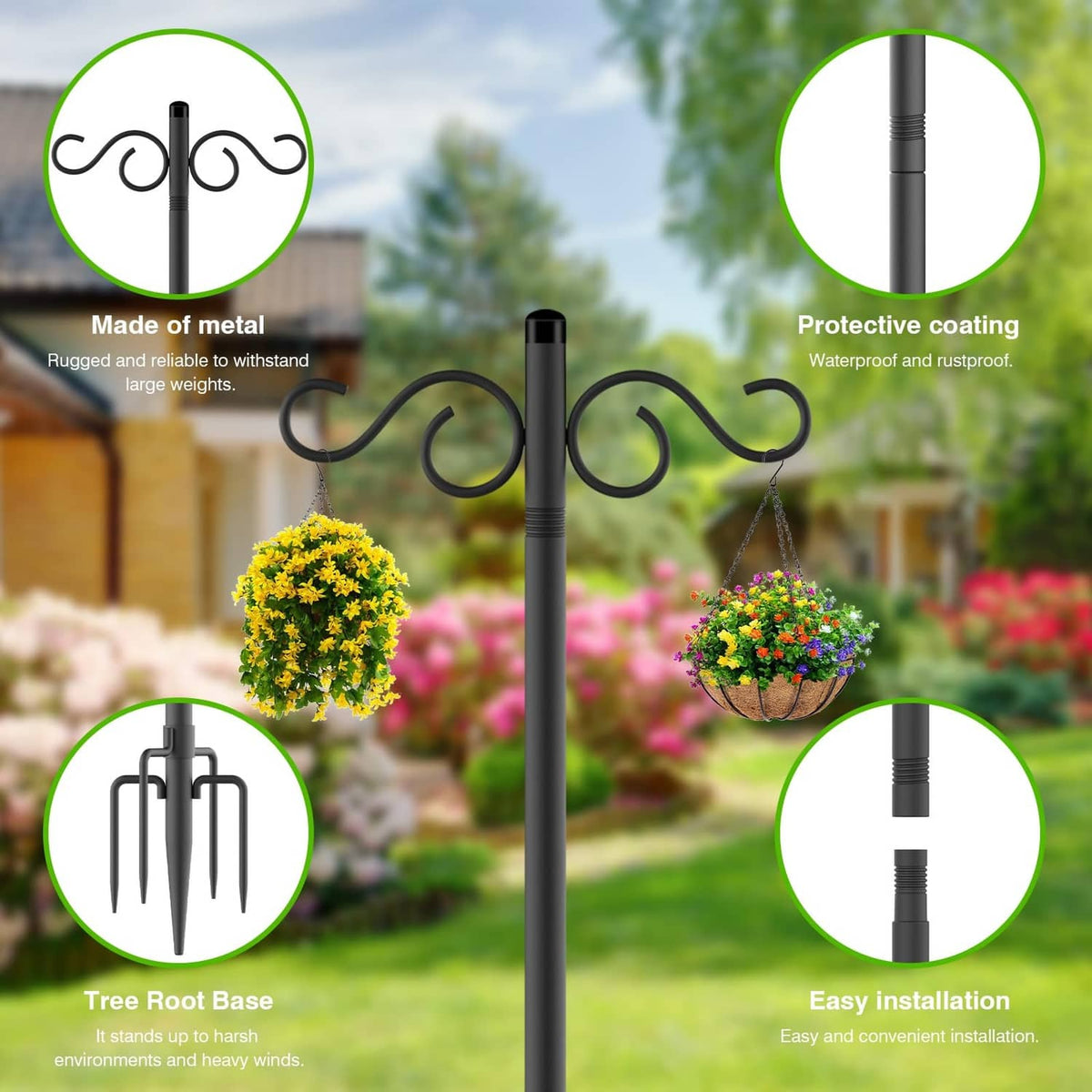 Black metal double shepherd hook with protective coating and pointed tree-root base stakes