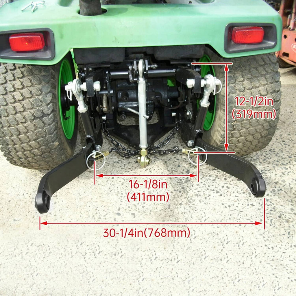 Rear 3-point hitch installed under tractor; black arms with chain and measurement callouts