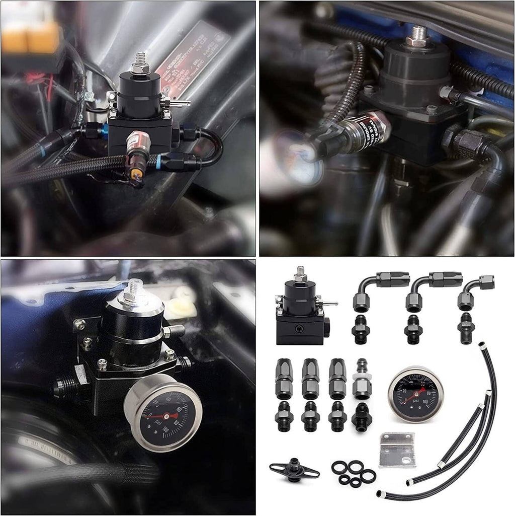 Fuel pressure regulator kit installed in engine bay with gauge and braided fuel line