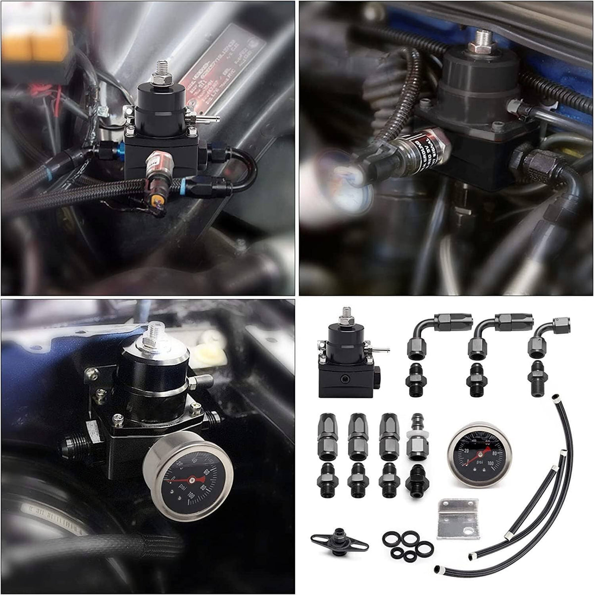 Fuel pressure regulator kit installed in engine bay with gauge and braided fuel line