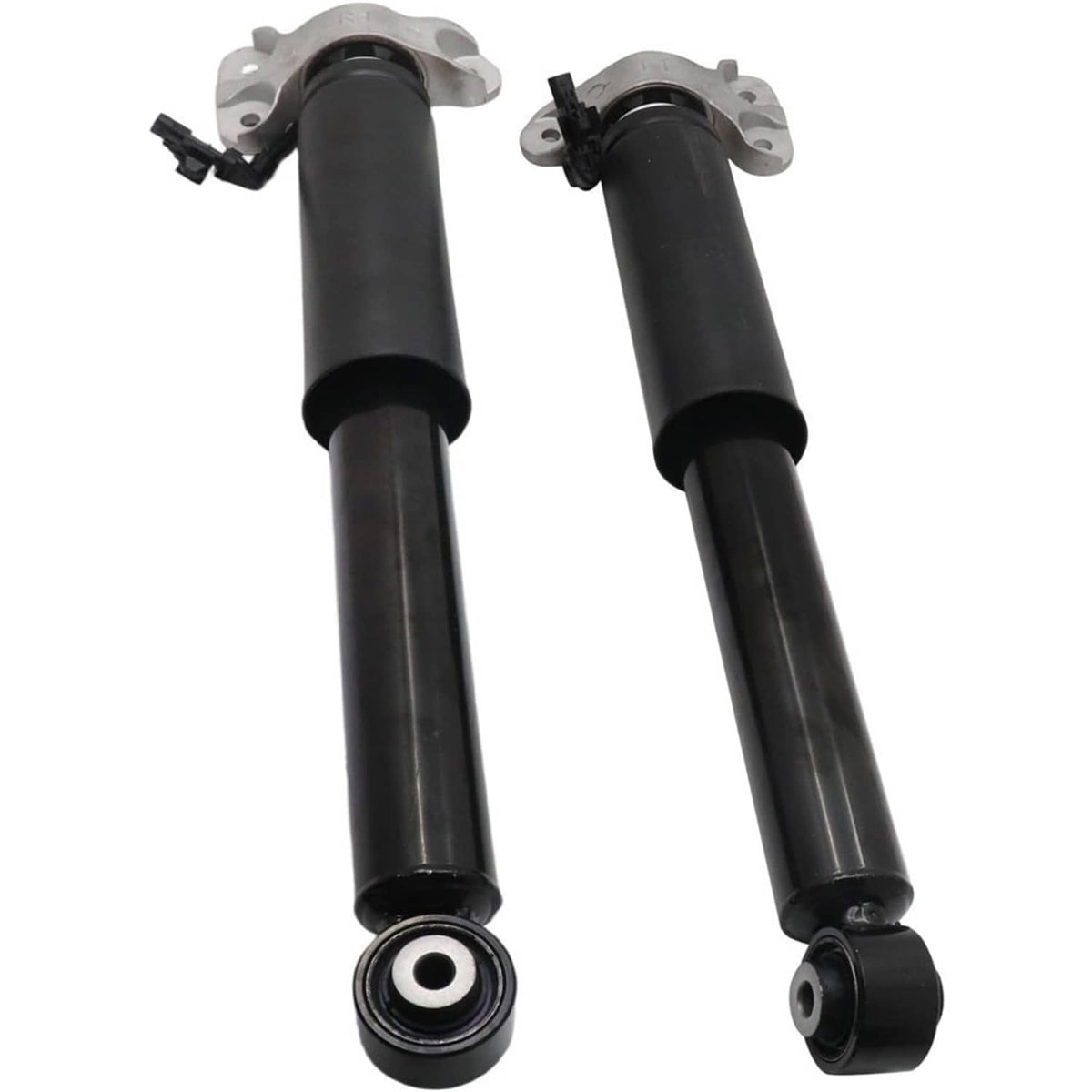 Two black rear shock absorber struts with top mounts and bottom rubber bushing rings