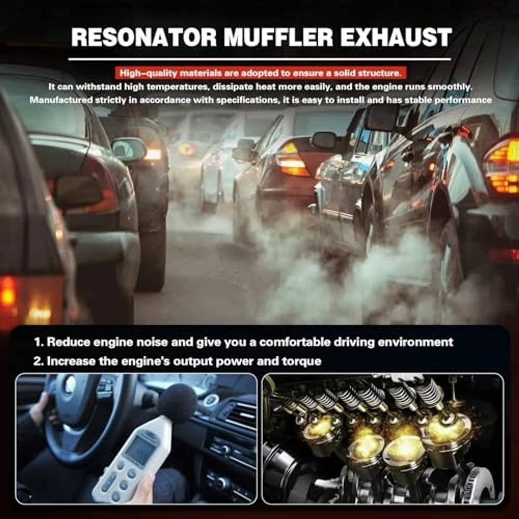Resonator muffler exhaust kit promotion with muffler image and under-hood vehicle icons
