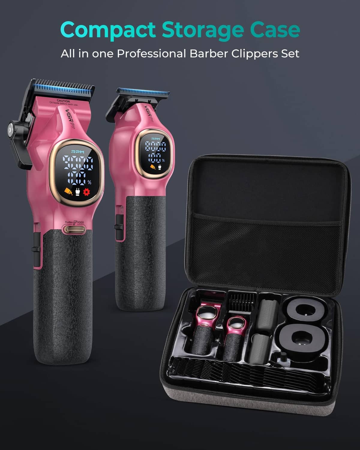 Pink hair clippers with black storage case and included clipper guards and accessories