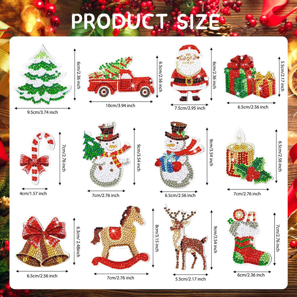 Diamond art ornament kit size chart with diagrams for multiple ornament designs