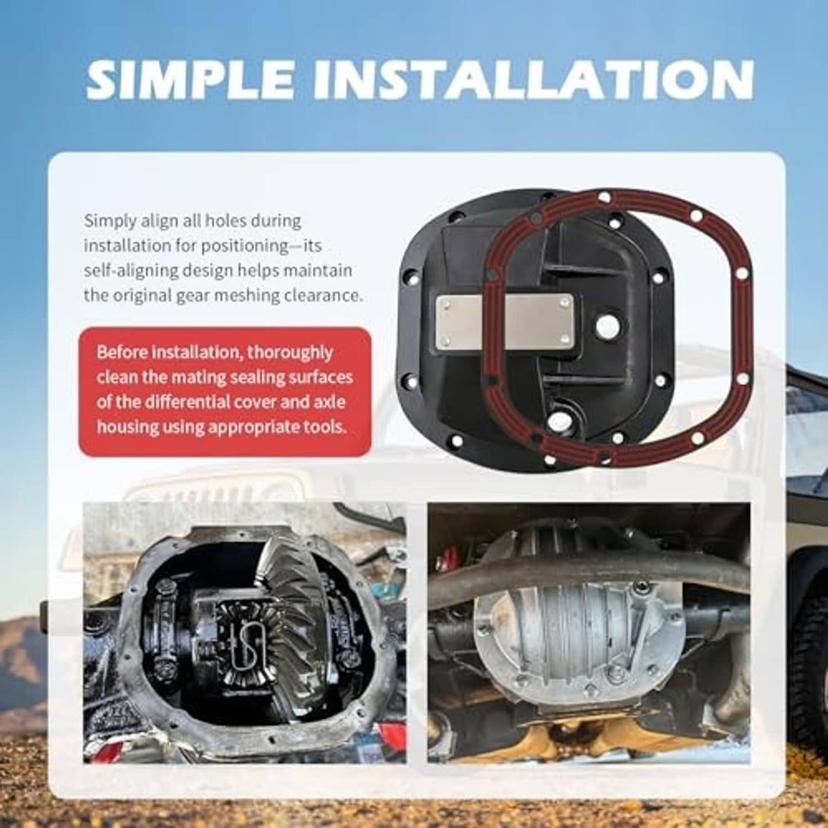 Differential cover gasket ring, red-and-black oval with bolt holes, installed on cover