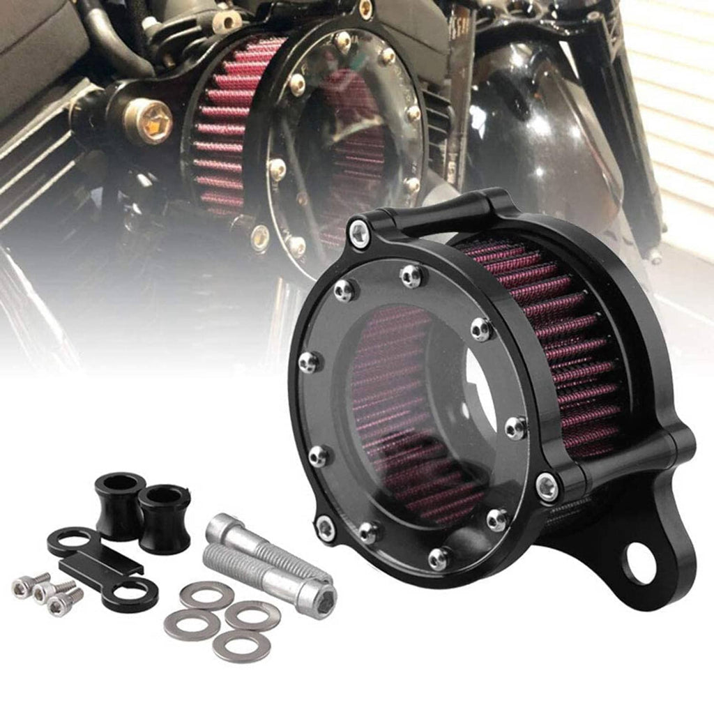 Installed air cleaner intake filter on a motorcycle: black housing with red pleated filter