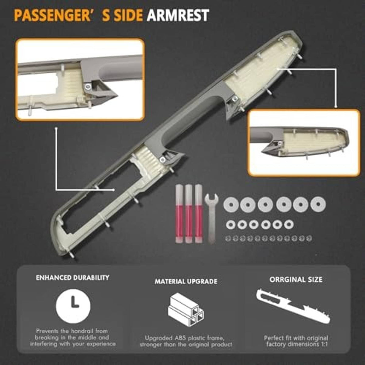 Gray passenger-side armrest assembly with mounting parts, screws, and red/gray rods
