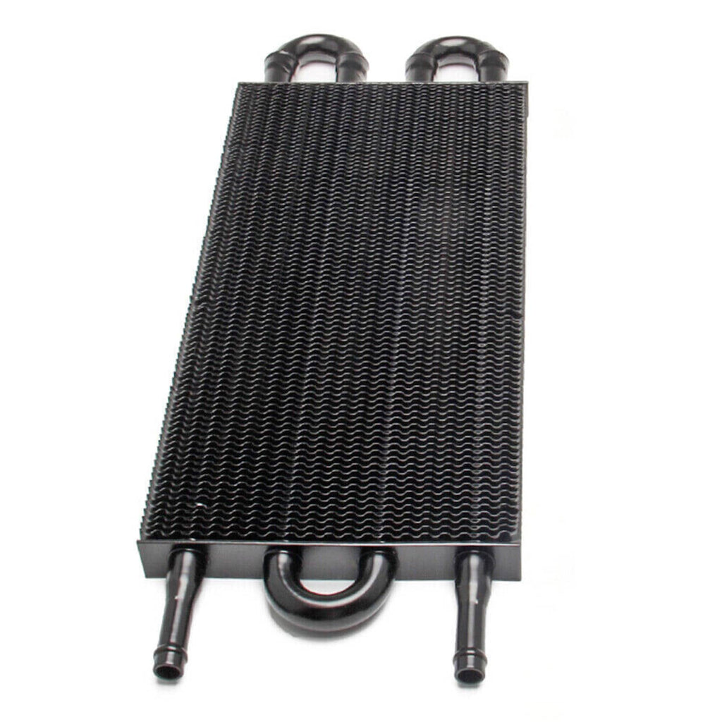 Oil cooler radiator with black fin core and mounting base with hose connections