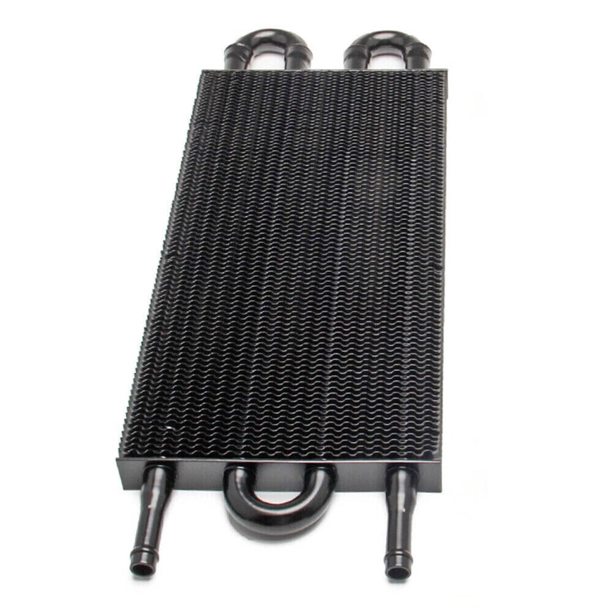 Oil cooler radiator with black fin core and mounting base with hose connections