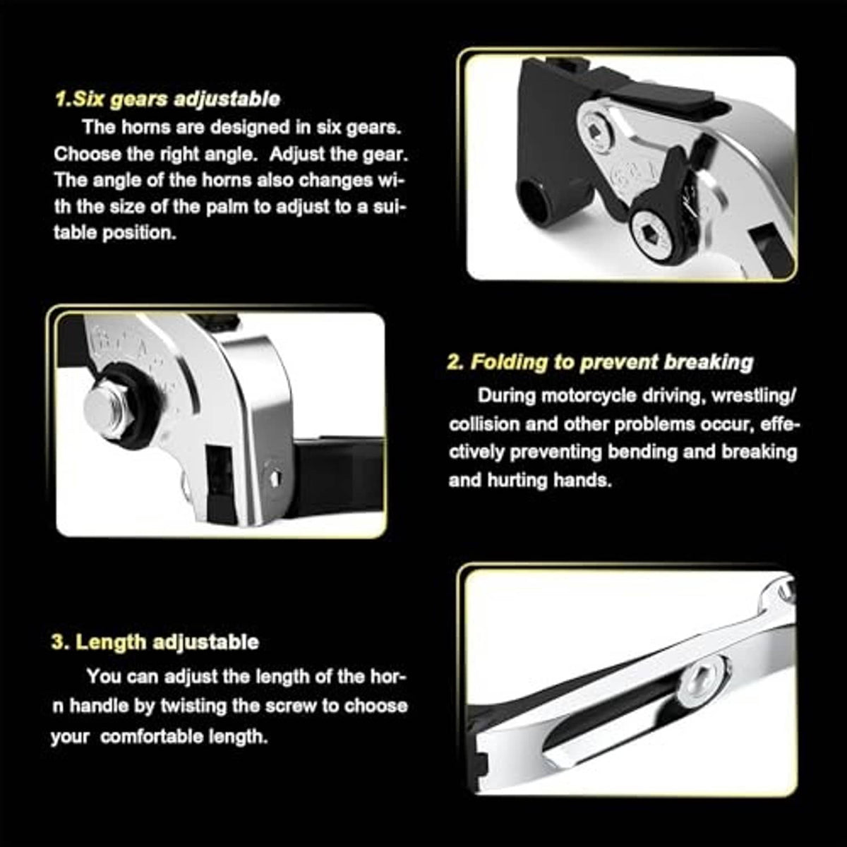 Pair of black folding motorcycle clutch brake levers with adjustment graphic details