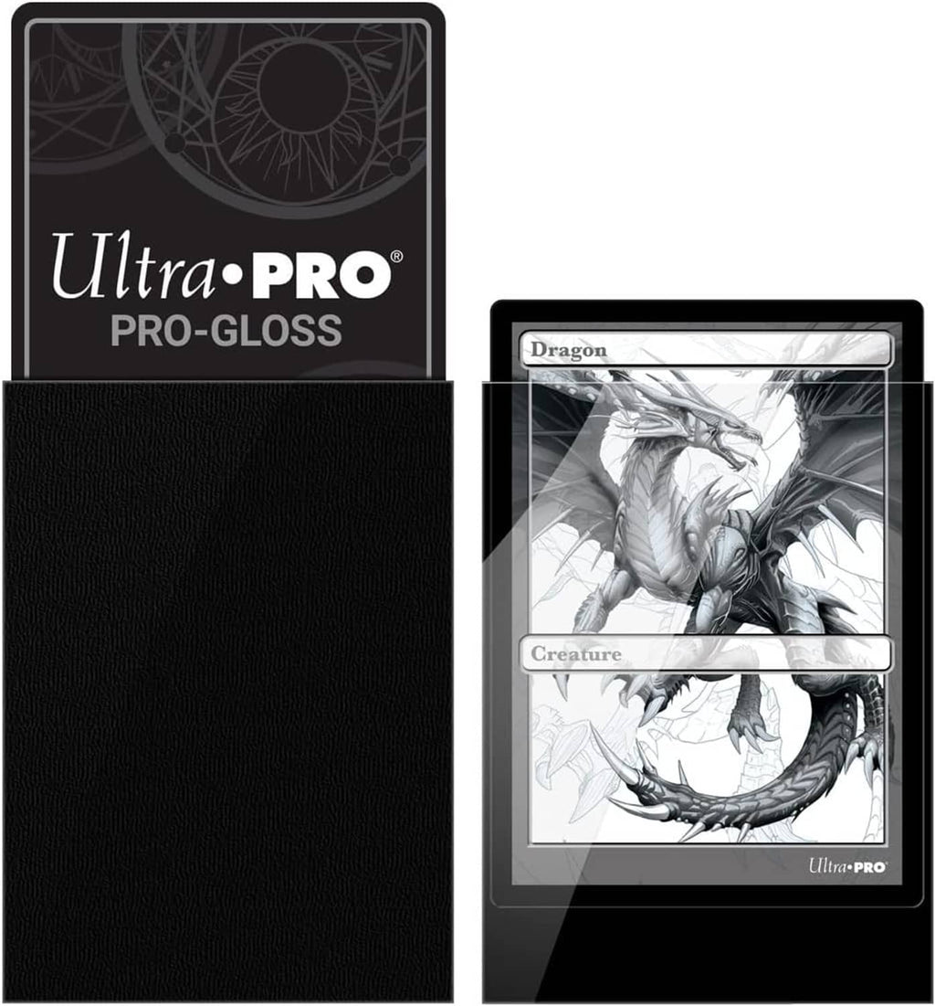 Black Pro-Gloss deck sleeves holding a card with dragon artwork