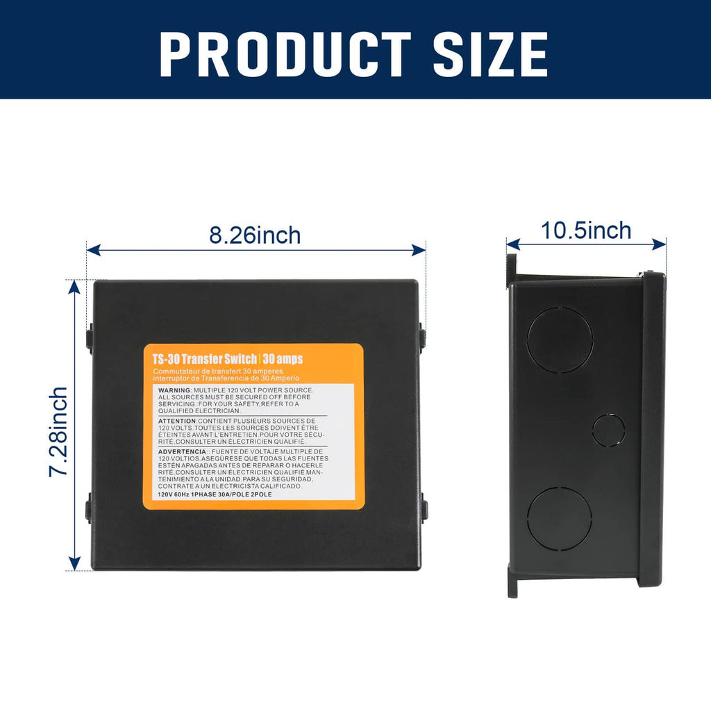 Automatic transfer switch size diagram on black enclosure with orange label