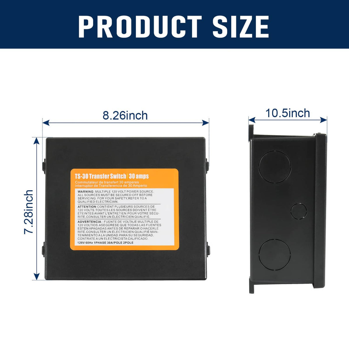 Automatic transfer switch size diagram on black enclosure with orange label