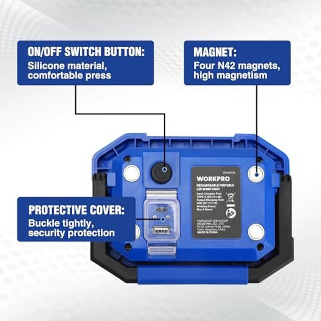 Blue LED work light with protective back cover, power switch, and built-in magnets