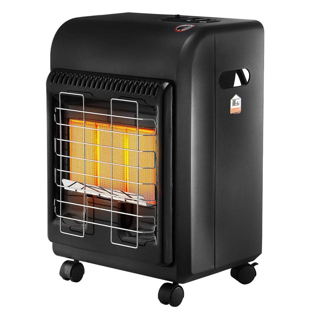 Black portable propane heater with glowing orange heating grid and carry handle