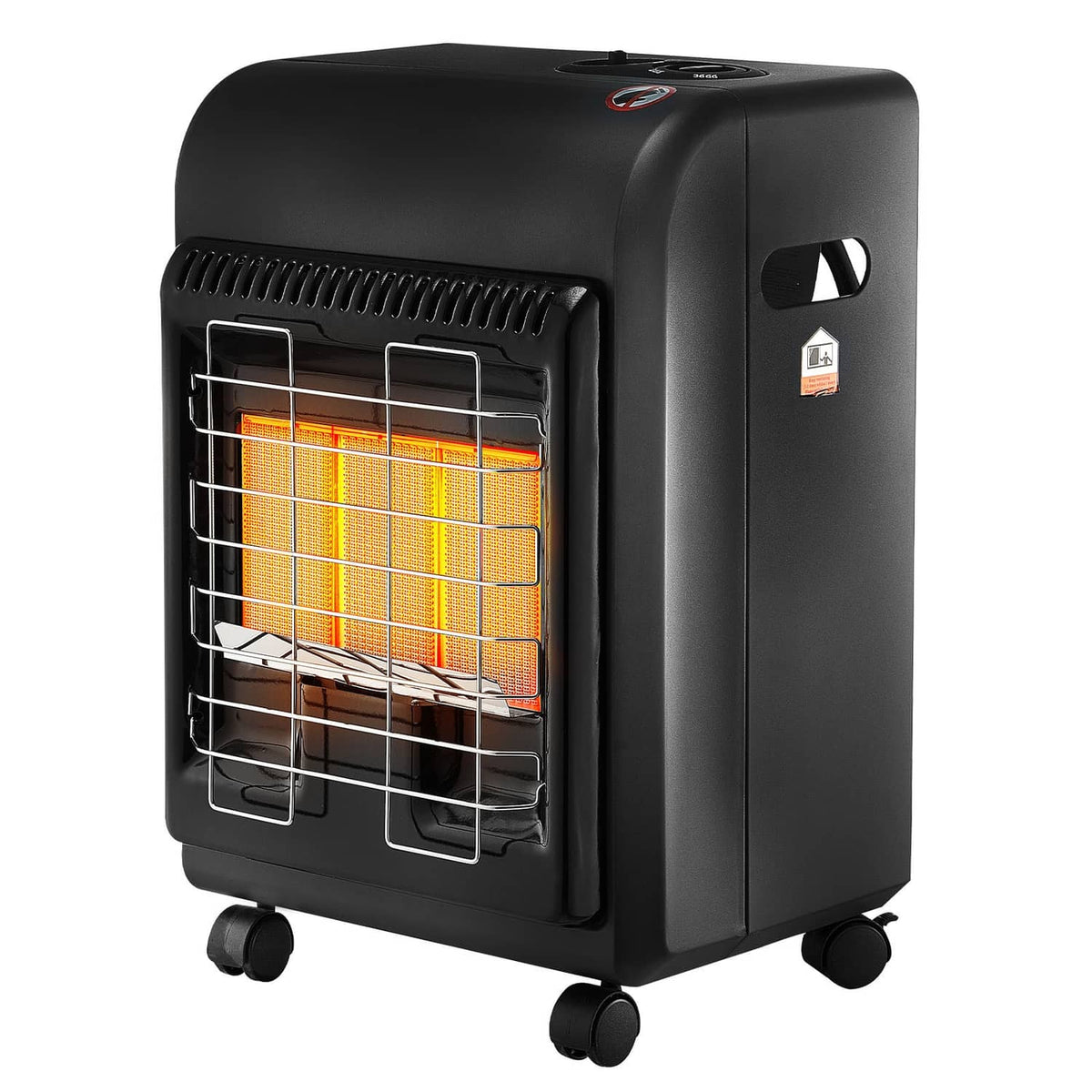 Black portable propane heater with glowing orange heating grid and carry handle