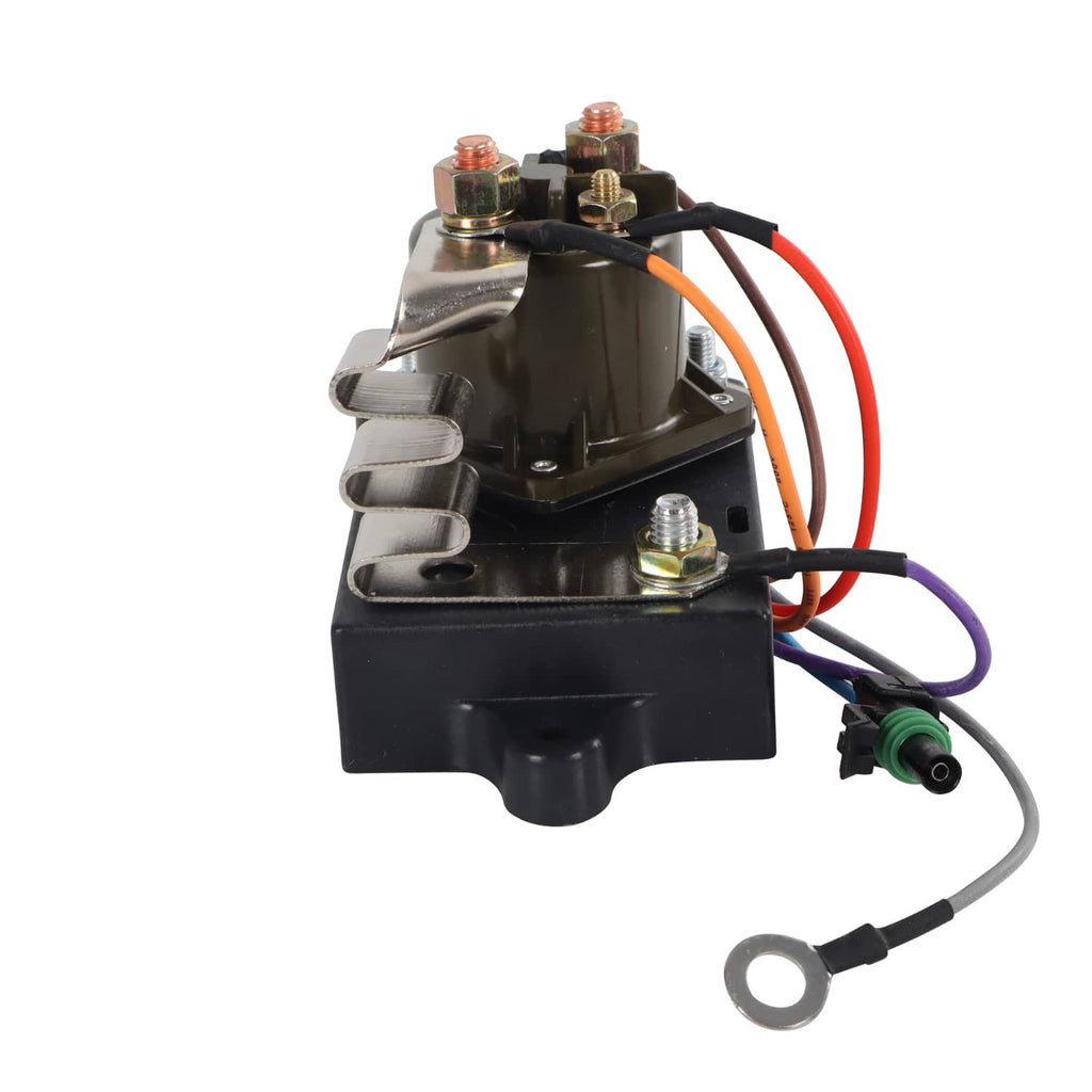 Glow plug controller relay with black housing, orange and red wires, and mounting brackets