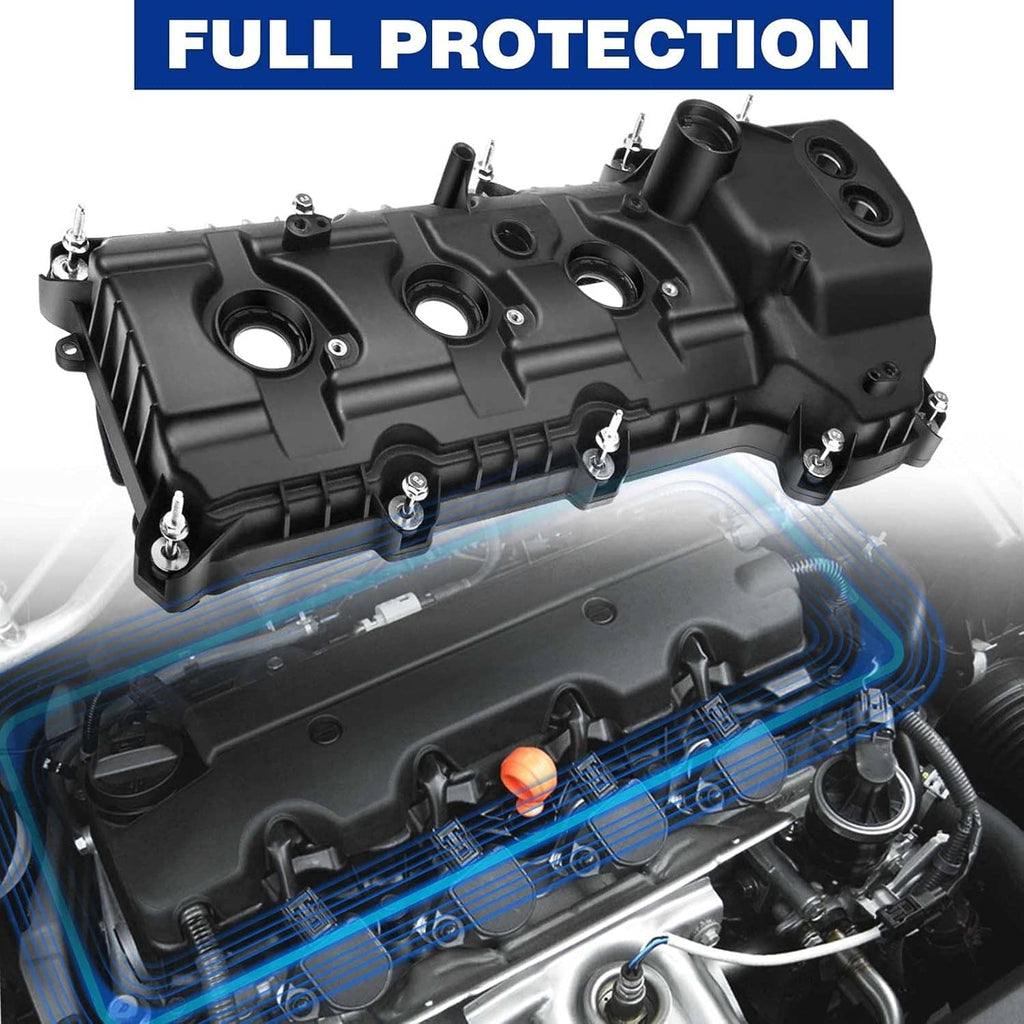 Black engine valve cover with molded ribs, ports, and mounting bolts