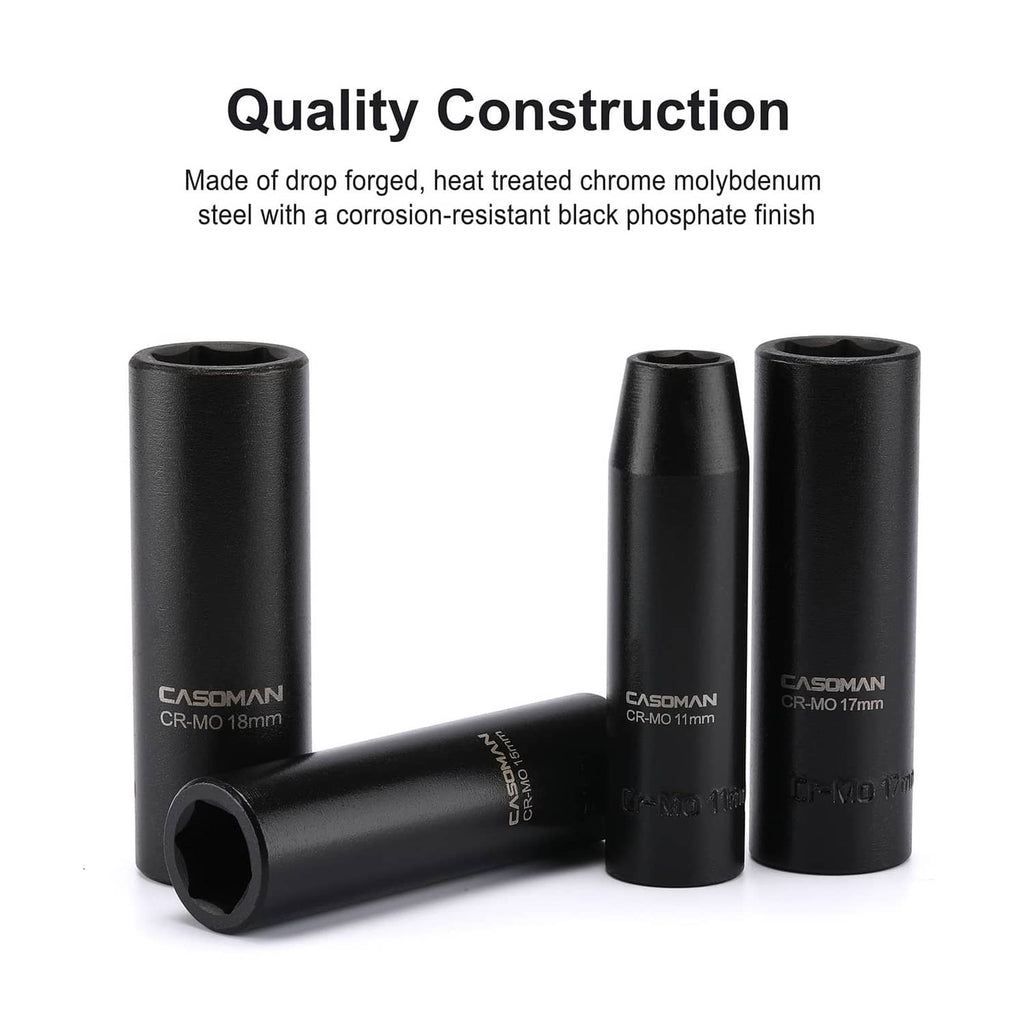 Black CR-MO deep impact sockets with corrosion-resistant black phosphate finish