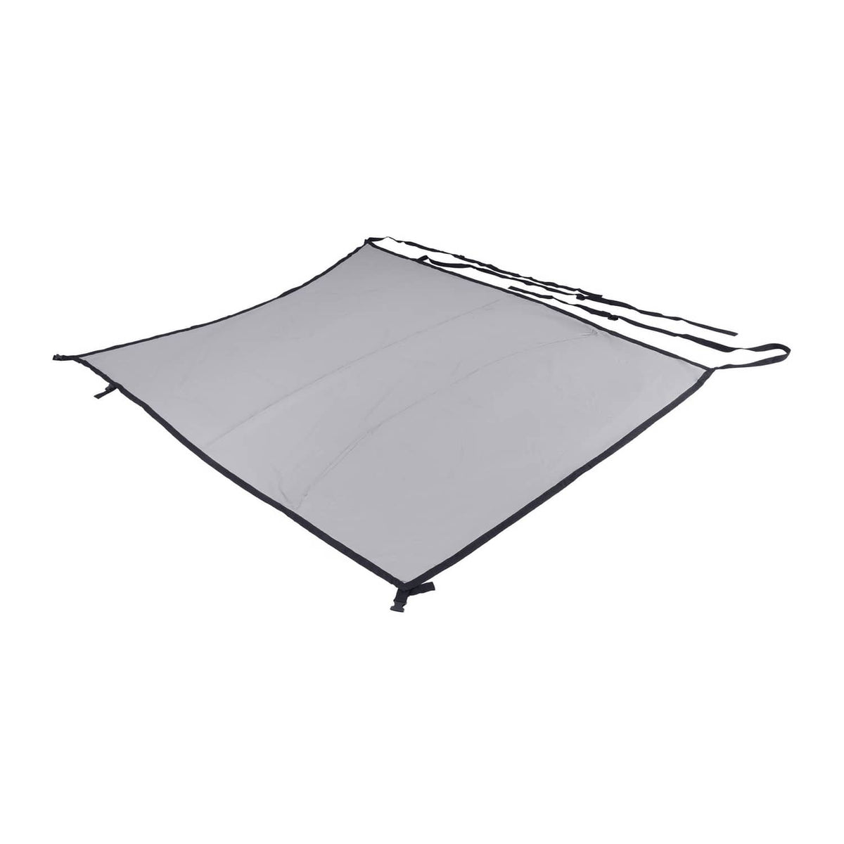 Grey aircraft cover with black edges and multiple securing straps