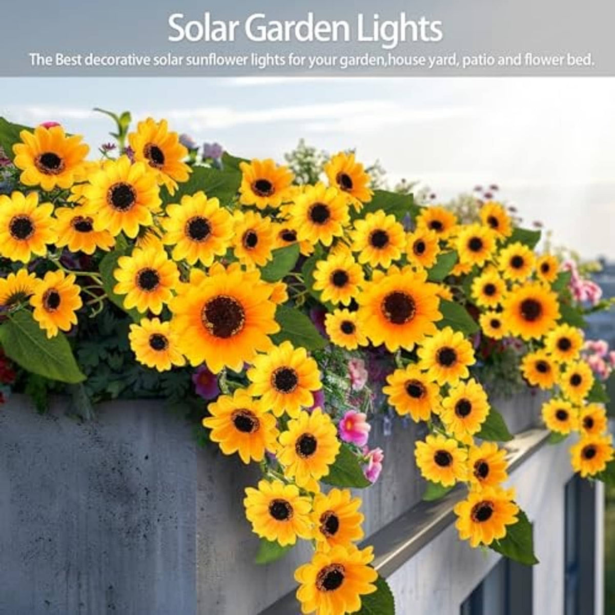 Solar sunflower garden lights with bright yellow blooms and green leaves on stakes