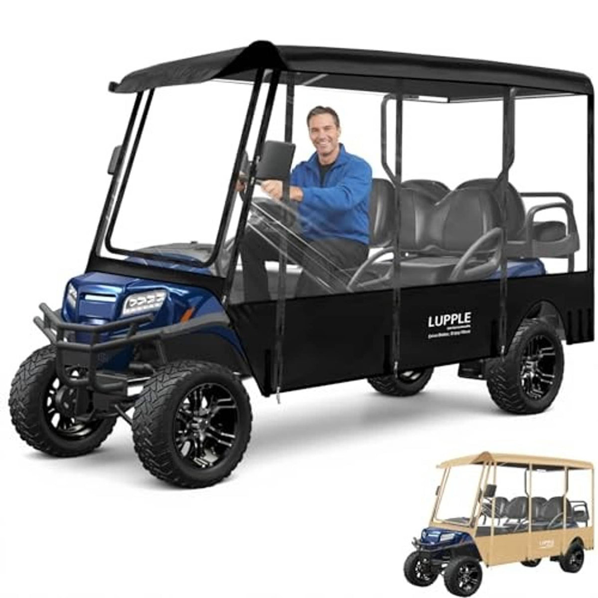 Black 6-passenger golf cart rain cover with clear windows and zippered front door