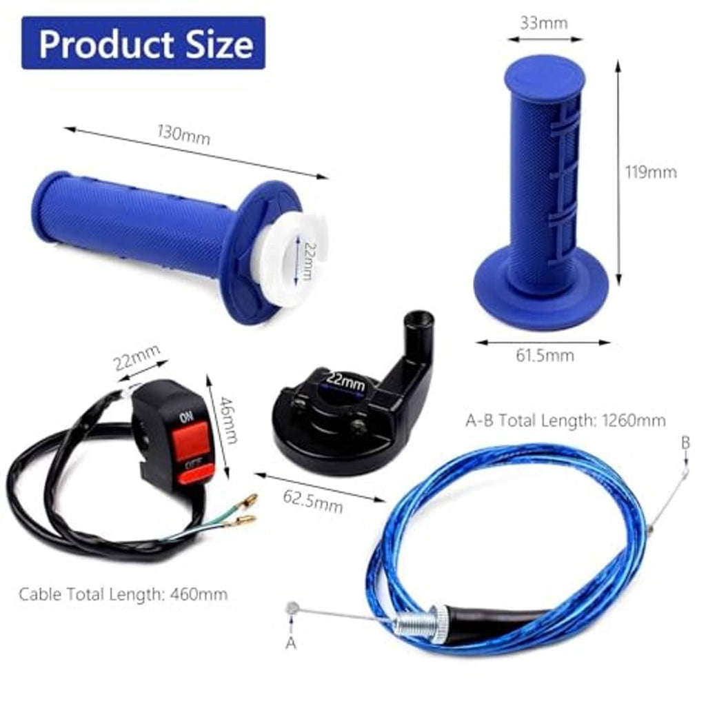 Blue throttle grips and cable kit with product size layout diagram and switch module