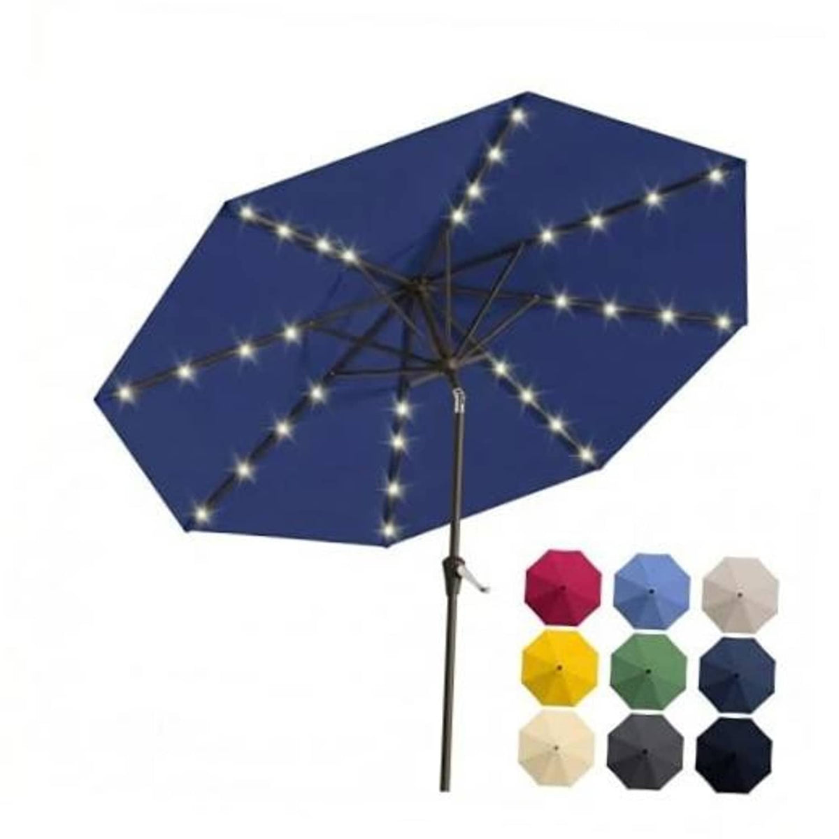 Navy outdoor market umbrella with solar string lights and center pole.