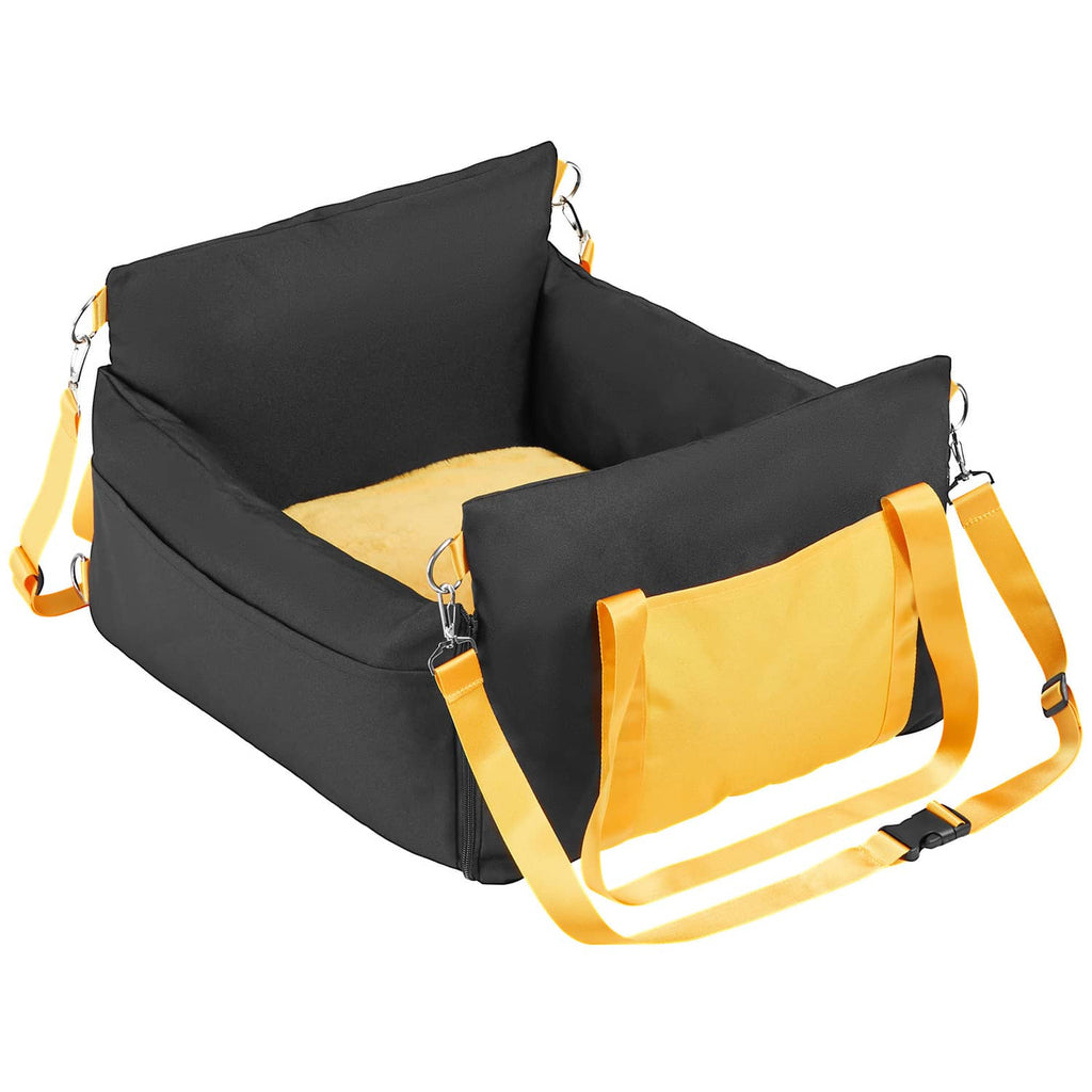 Black dog booster car seat with yellow webbing straps and adjustable buckles, open padded interior
