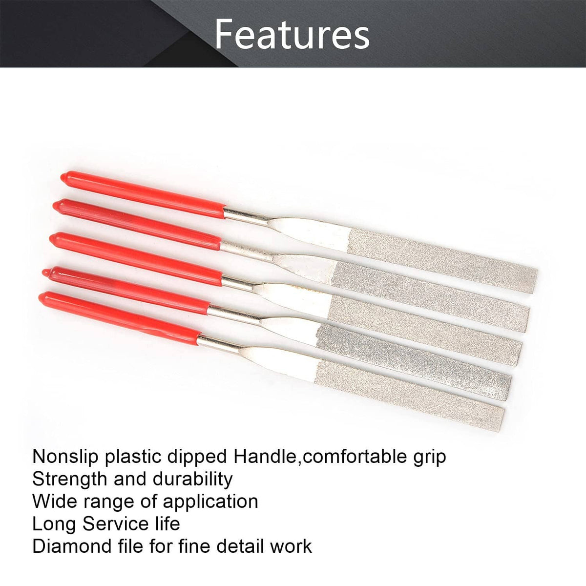 Five diamond needle files with silver rectangular coarse tips and red plastic handles