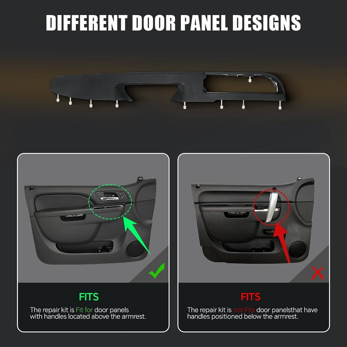 Door panel handle armrest repair fitment guide comparing correct and incorrect handle positions