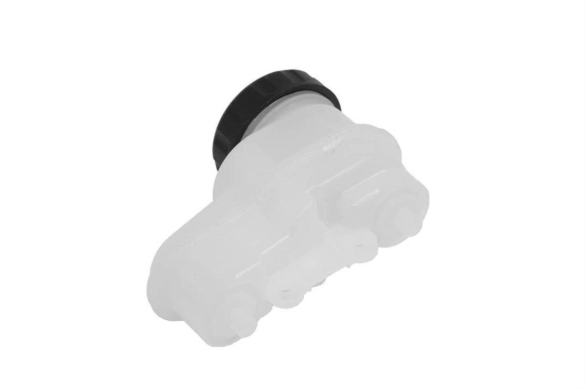 White brake master cylinder reservoir with black cap, angled view