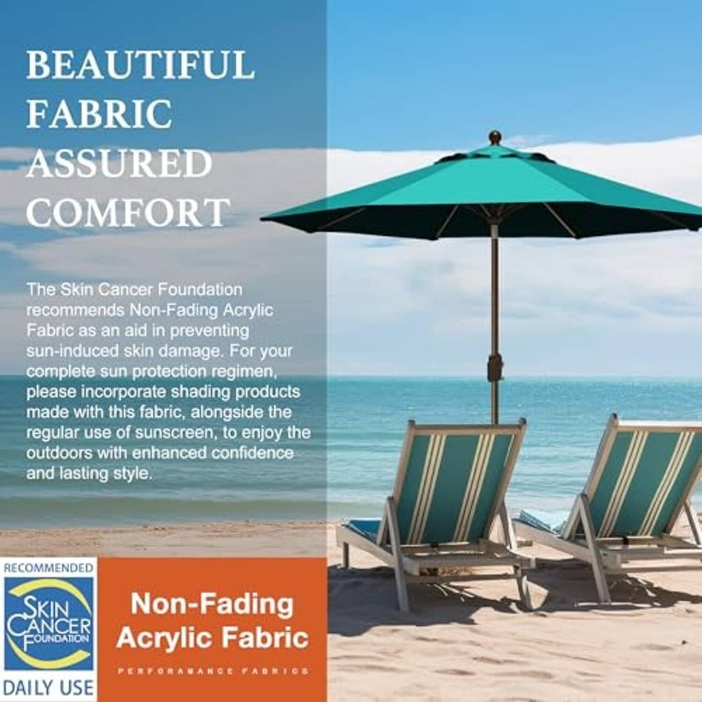 Teal non-fading acrylic market patio umbrella with dark underside and tilt support
