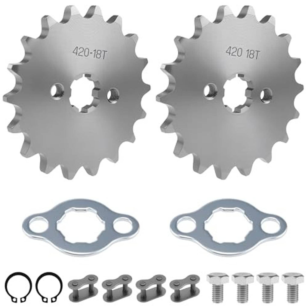 Motorcycle front sprocket pair 420-18T with mounting hardware and washers