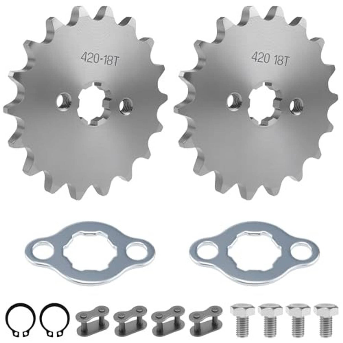 Motorcycle front sprocket pair 420-18T with mounting hardware and washers