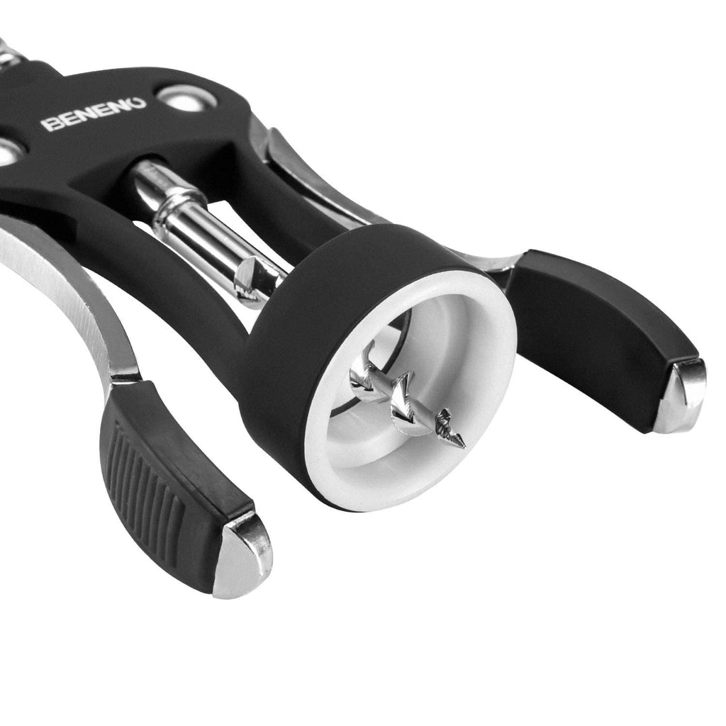 Close-up of black wing corkscrew opener showing chrome worm and base feet