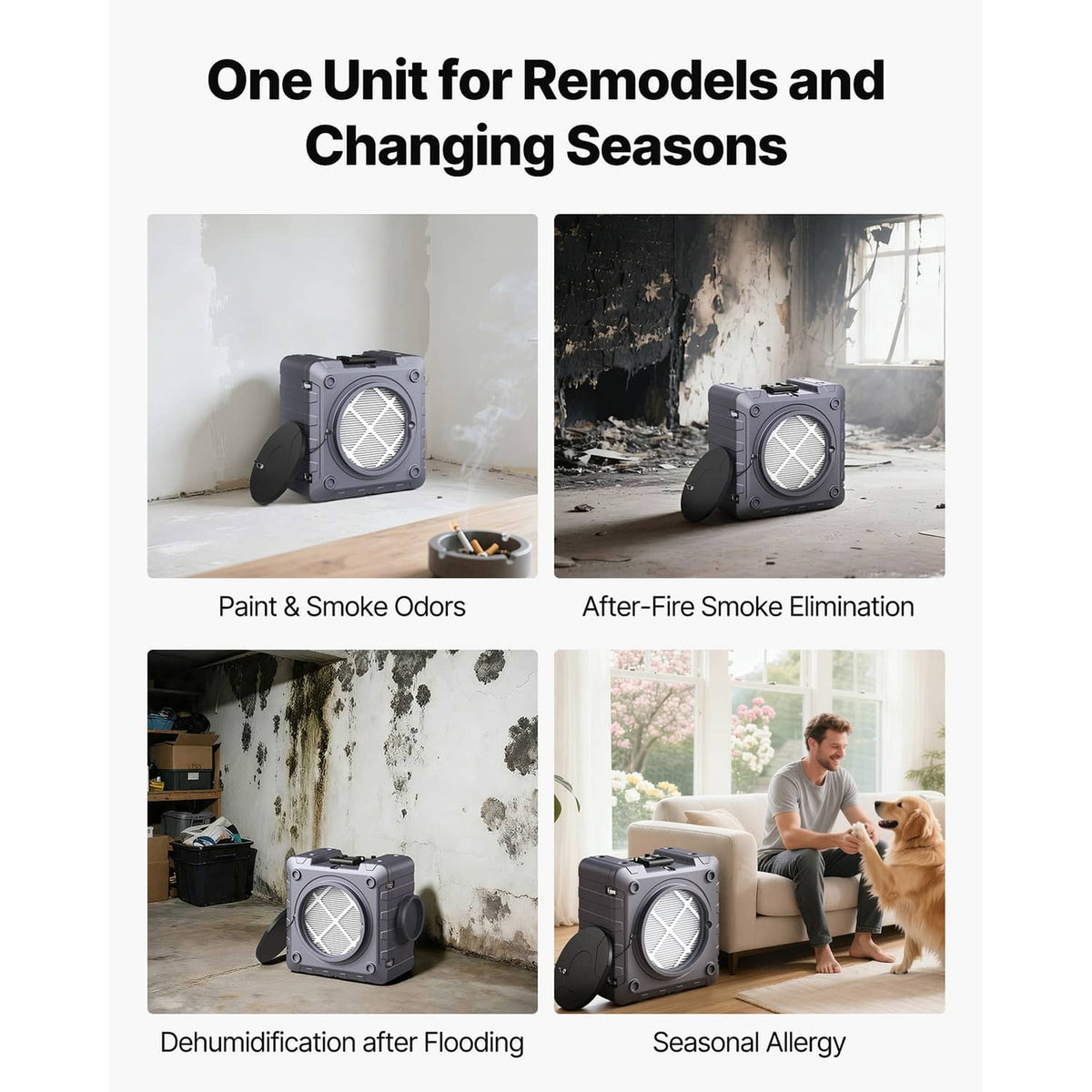 Gray HEPA air scrubber unit for remodeling and odor control, shown in multiple views