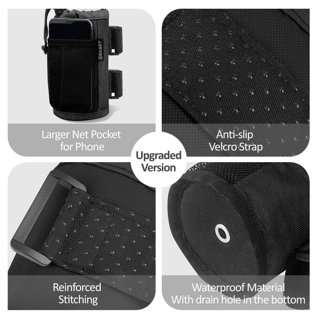 Black cup holders with Velcro strap, net pocket, reinforced stitching, and drawstring closure