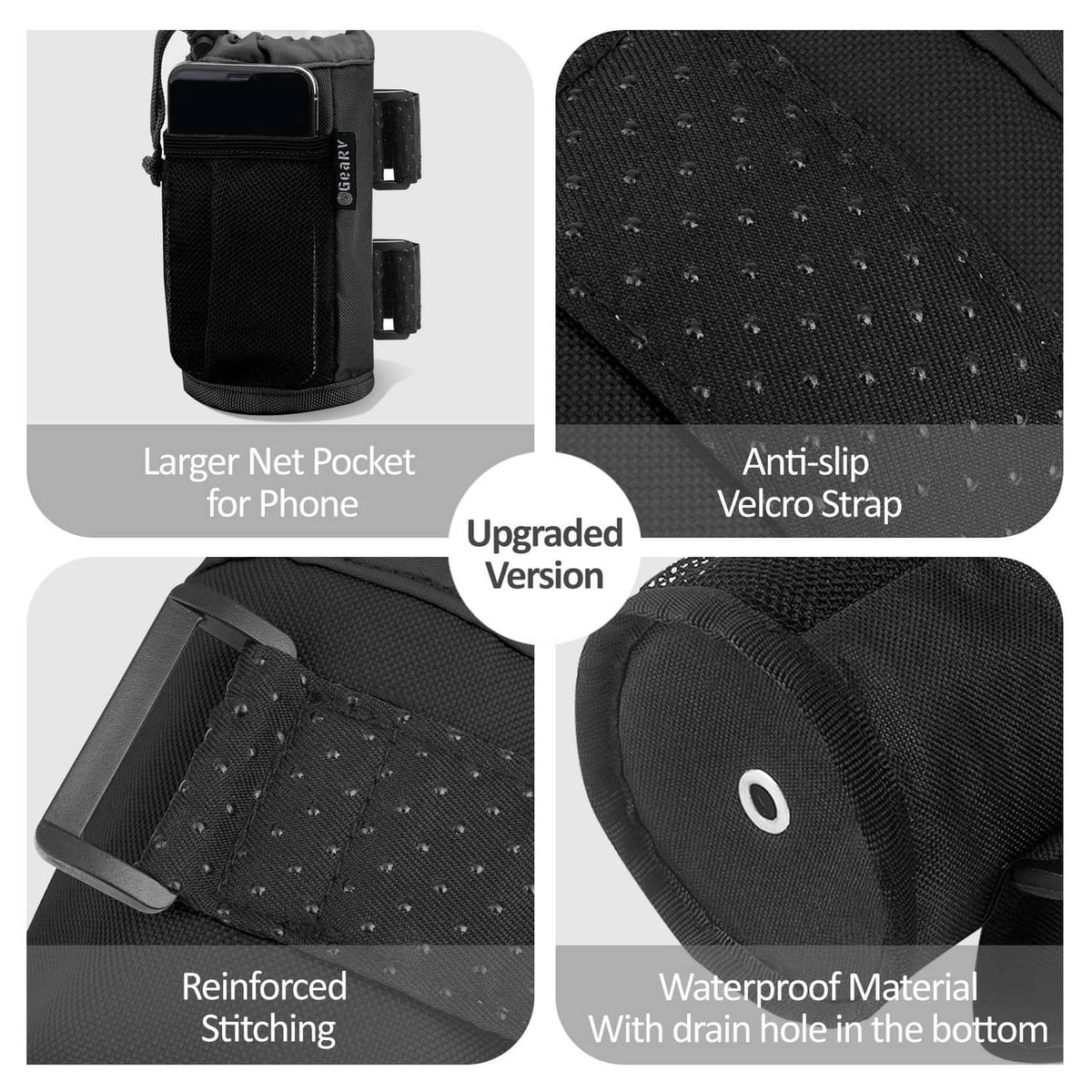 Black cup holders with Velcro strap, net pocket, reinforced stitching, and drawstring closure