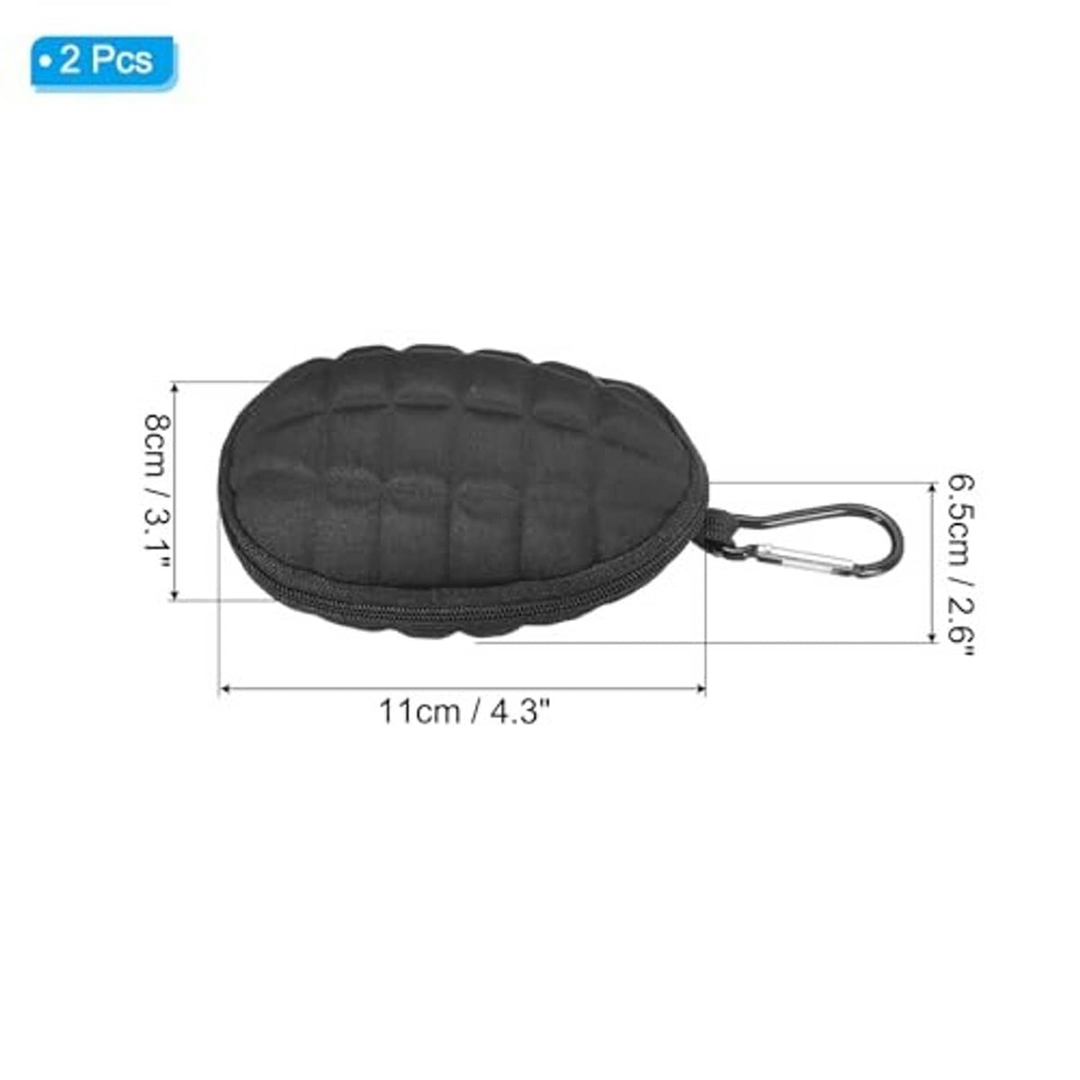 Black oval chalk case bag with carabiner, padded front, approx 11 x 8.3 cm