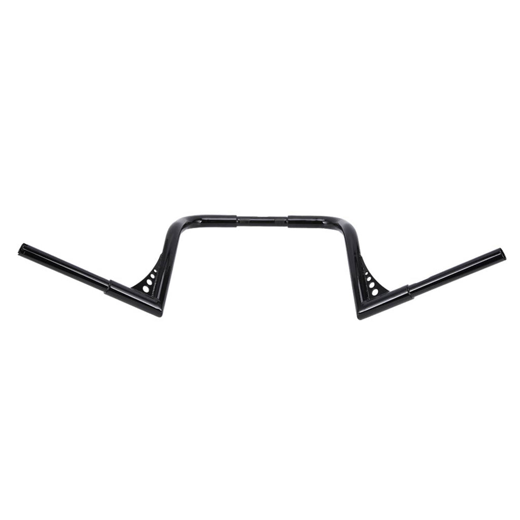 Black motorcycle handlebar with central top bar and outward handgrip ends, mounting details