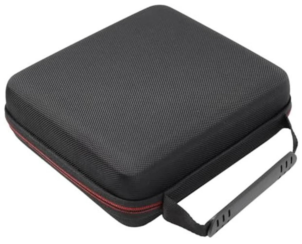 Hard shell carrying case, textured dark gray with red trim and attached strap handle