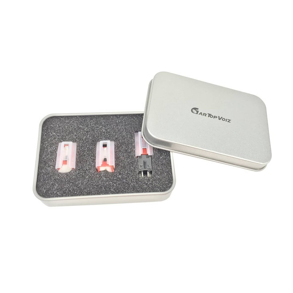 Turntable cartridge set in a metal storage case with two red-and-white inserts