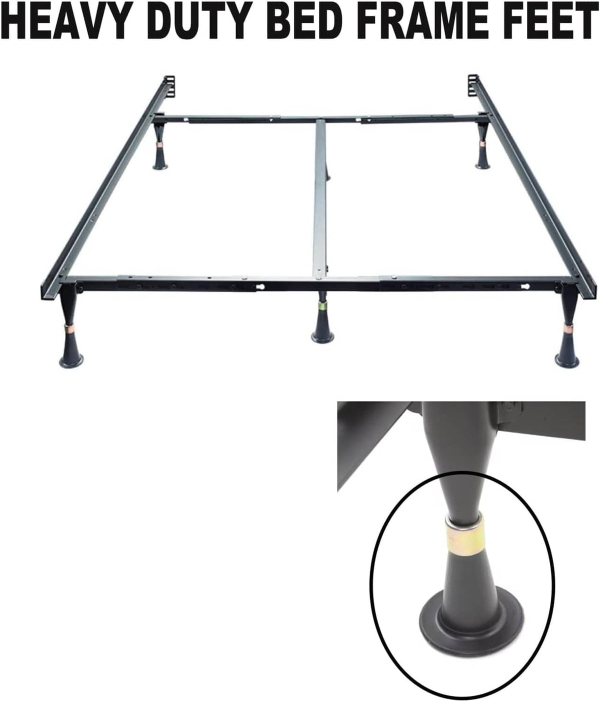 Bed frame legs fitted with reinforced replacement feet, showing corner base pads