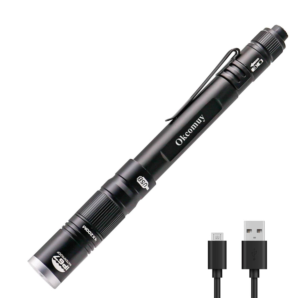 Okcomuy black rechargeable LED pocket pen light with textured grip and end cap