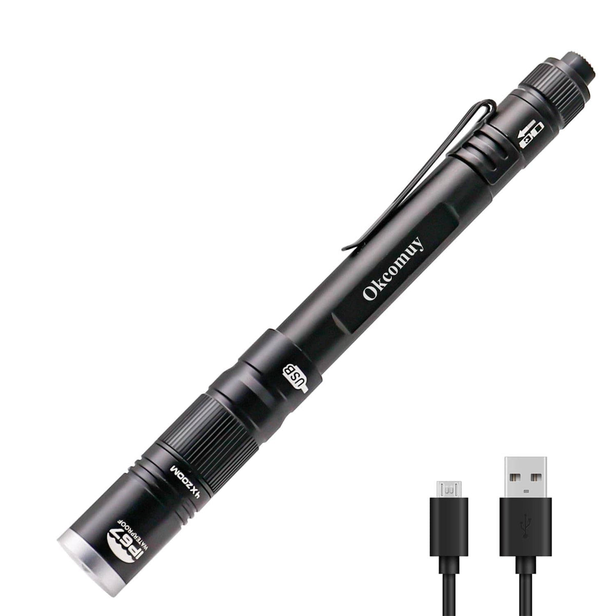 Okcomuy black rechargeable LED pocket pen light with textured grip and end cap