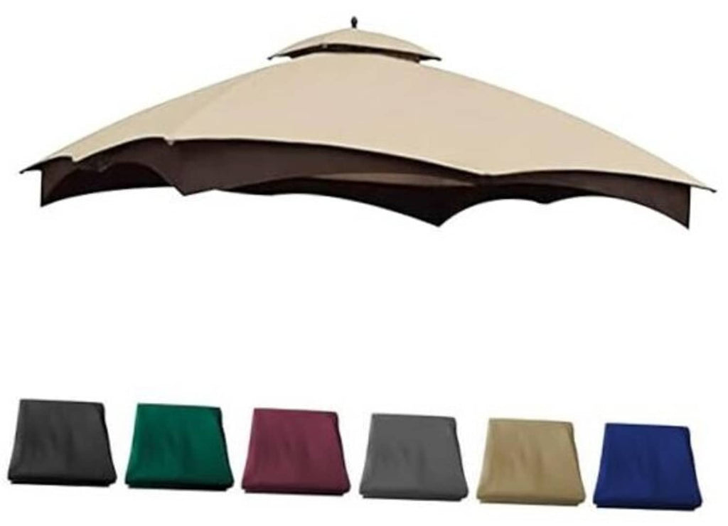 Light beige gazebo canopy top with scalloped valance and dark underside