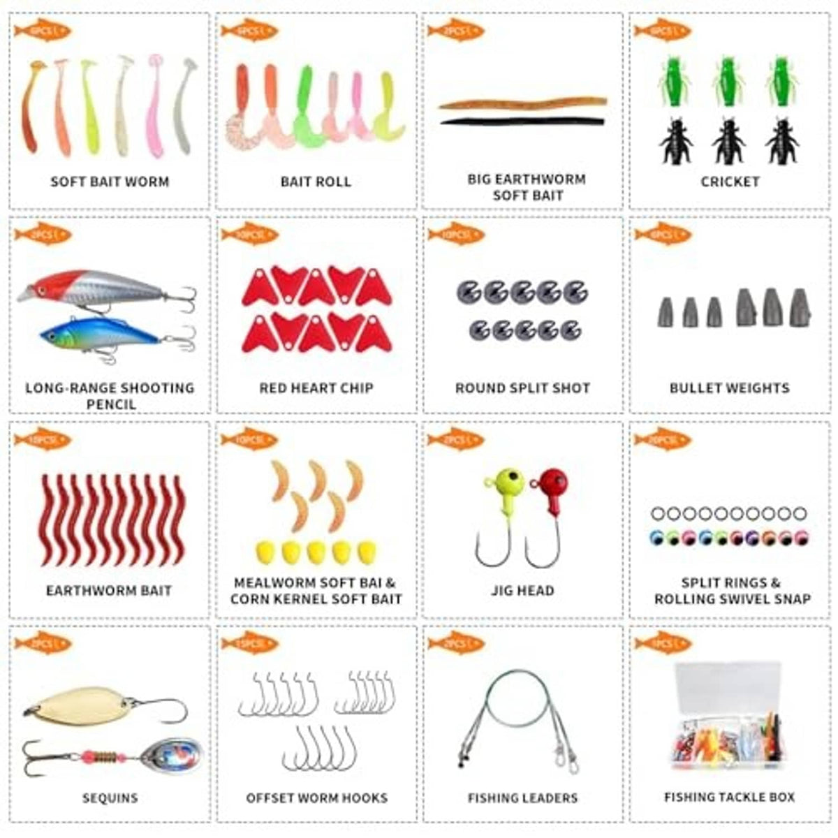 Fishing lure assortment set displayed on cards with worms, split shots, and treble hooks