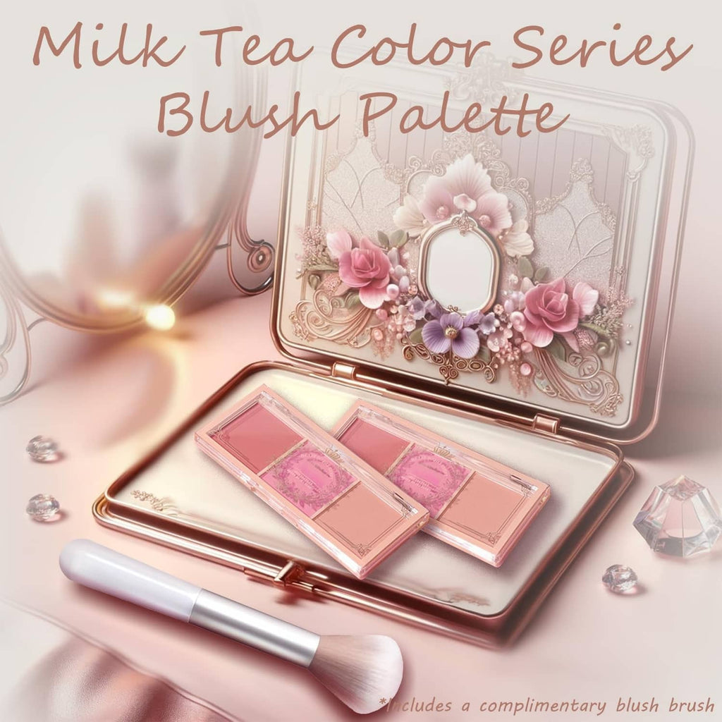 Rose-gold blush palette with three matte pink shades and included blush brush