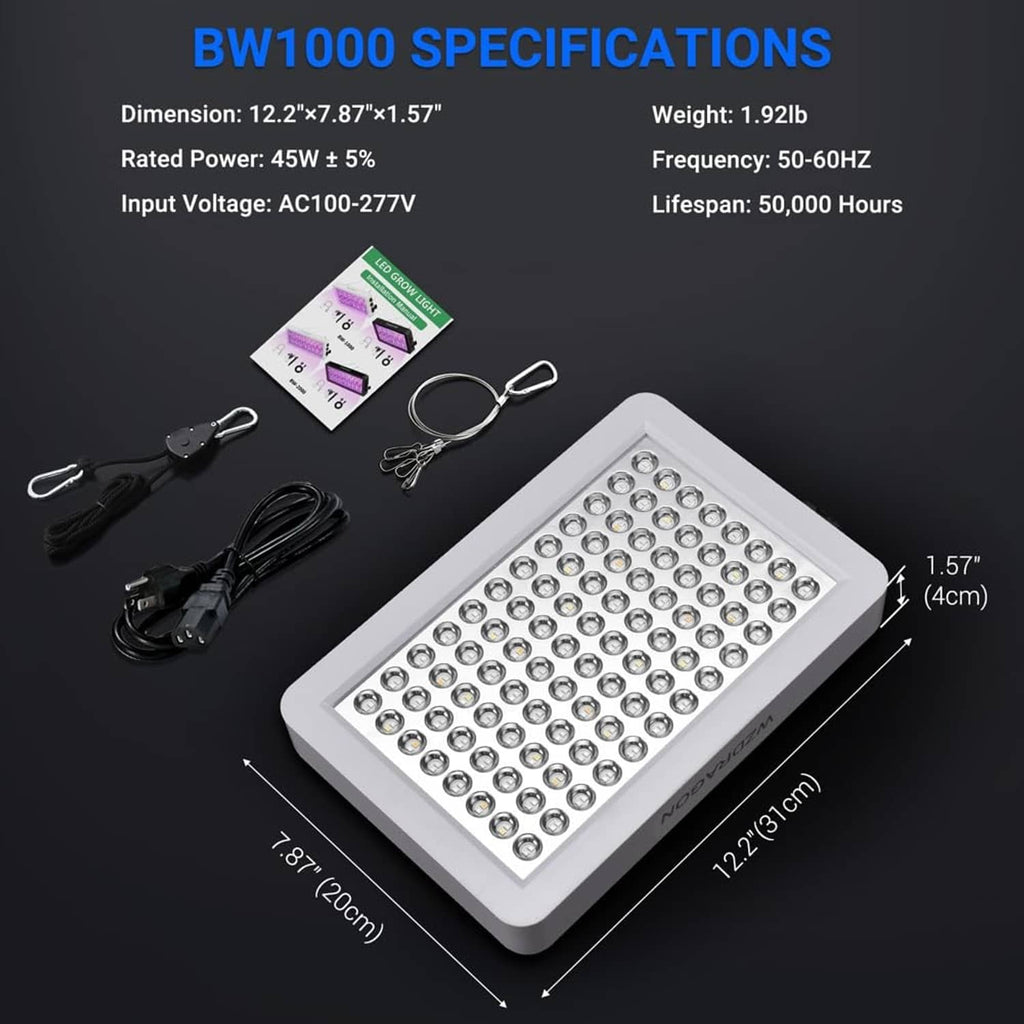 BW1000 LED grow light with dimension diagram and included hanging cords and cables